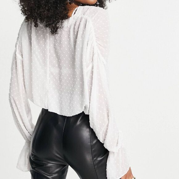 ASOS DESIGN Textured Blouse with Volume Long Sleeve with Tie Front in white - Picture 3 of 4
